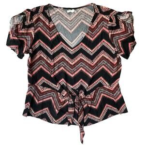 Maurices Women’s Short Sleeve Deep V-neck Blouse size M, Black & Orange